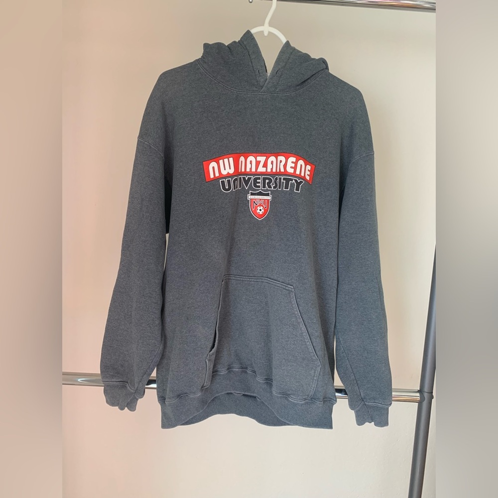 Gildan Gray NW Nazarene University Crewneck Hoodie with Red Logo